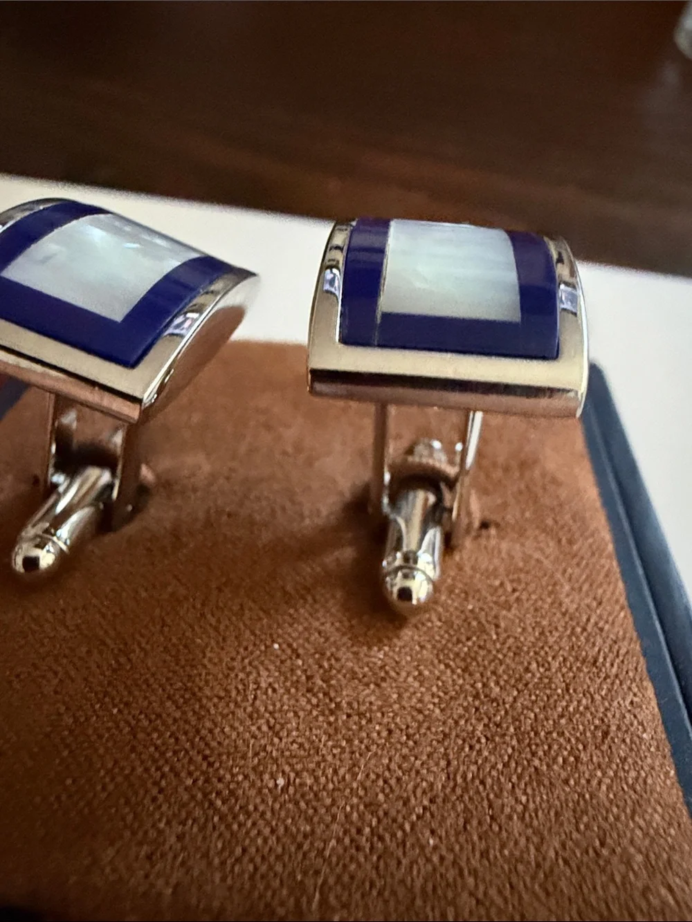 Silver Tone Rectangular Mother-of-Pearl Inlay Cufflinks with Navy Accent